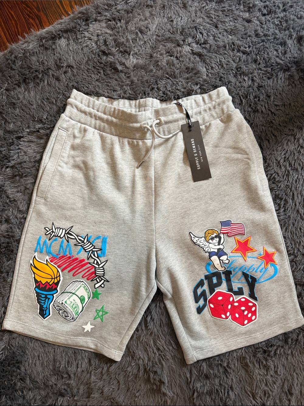 Light Gray Graphic Athletic Drawstring Shorts with Multicolor Patches